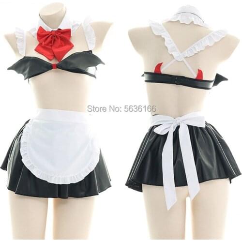 Sexy Little Devil Wing Patent PU Leather Maid Apron Costume Anime Maid Cosplay Uniform Lolita Underwear Suit