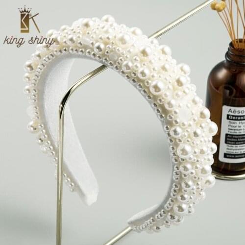 Vintage Baroque Full Simulated Pearl Headband for Woman Luxury Hand Made Pearl Padded Thick Sponge Hair Band Woman Party Bezel