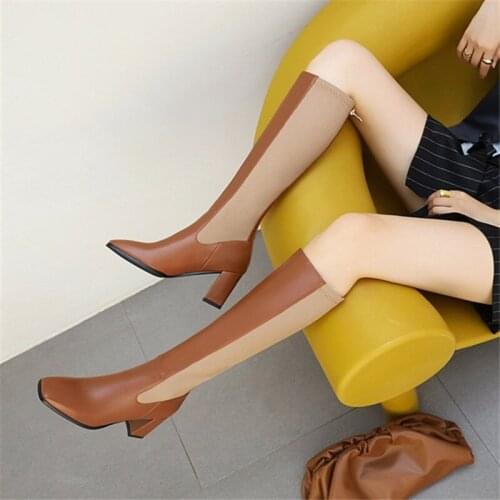 PXELENA 2020 Trendy Fashion Office Lady Party Dress Knee High Boots Plus Size 34-45 Square Block Heels Riding Boots Shoes Winter
