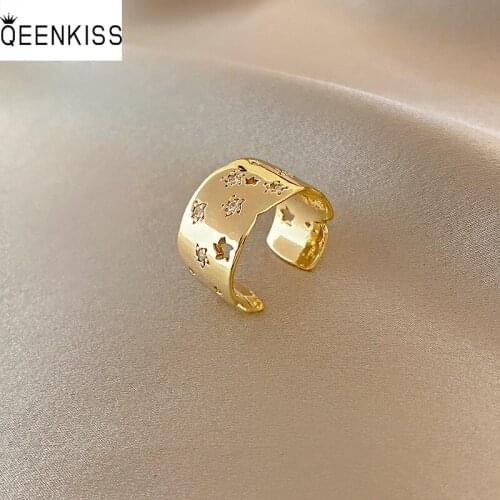 QEENKISS RG722 Fine Jewelry Wholesale Fashion Woman Girl Birthday Wedding Gift Wide Gypsophila Open AAA Zircon 18KT Gold Ring