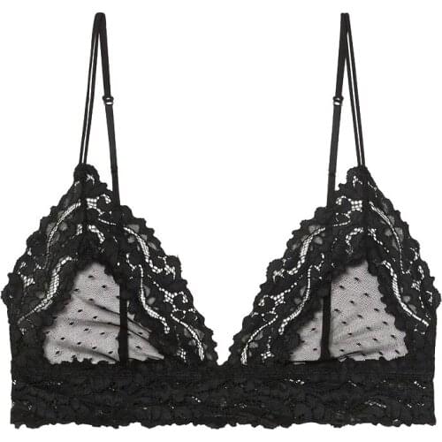 Sexy French Lingerie Deep V Lace Triangle Cup Bra Mesh Patchwork Thin Cotton Lined Backless Wireless Bra Underwear Women