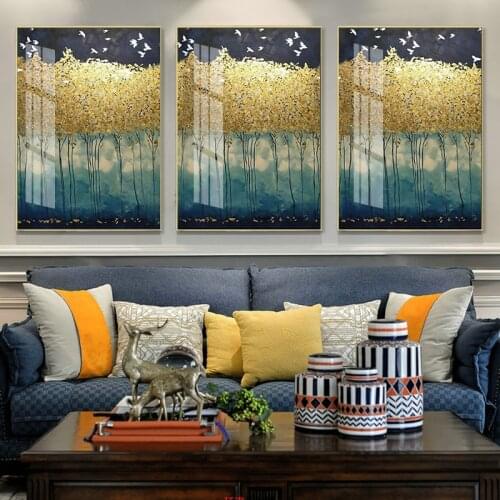 Modern Nordic Minimalist Golden Forest Bird Poster Picture Canvas Art Living Room Background Wall Home Decoration Painting