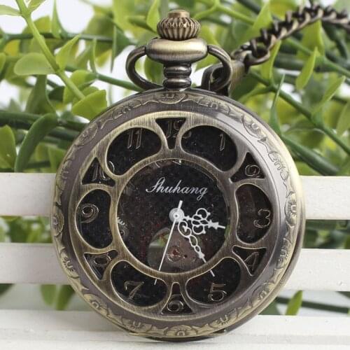 Steampunk Skeleton Gun Bronze Mechanical Hand Wind Pocket Watch Men Vintage Necklace Pocket&Fob Watches With Chain Flower TJX089