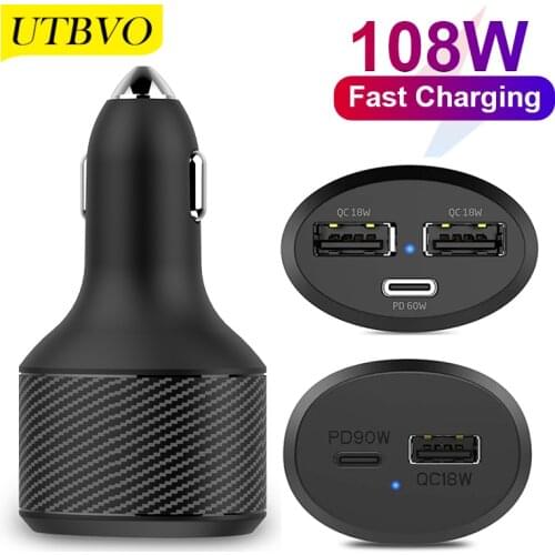 UTBVO 108W Super Fast Car Charger, USB C PD 90W 20V Power Adapter, QC3.0 18W For Laptops MacBook Mobile Phone Xiaomi iPhone 12