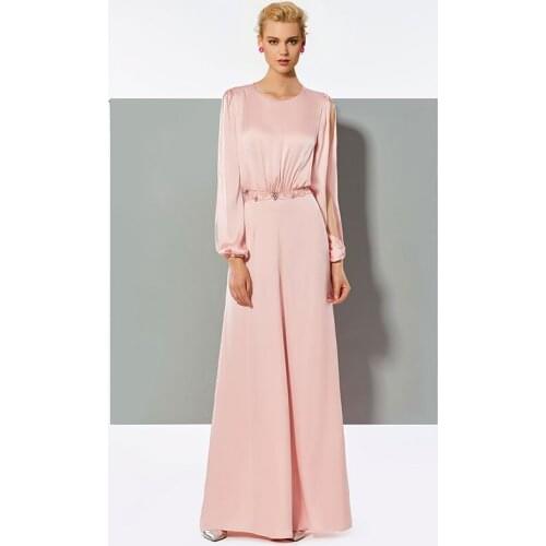 Tanpell A-Line Evening Dress Scoop Neck Long Sleevs Beading Woman Party Gown Button Evening Jumpsuits