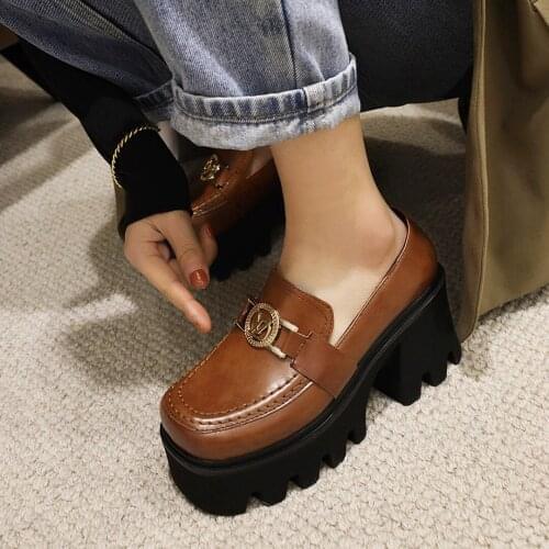 Platform Leather Shoes Women Chunky Thick Sole Round Toe Black Brown Pu Shallow Pure British Style Retro Slip-on Leisure Loafers