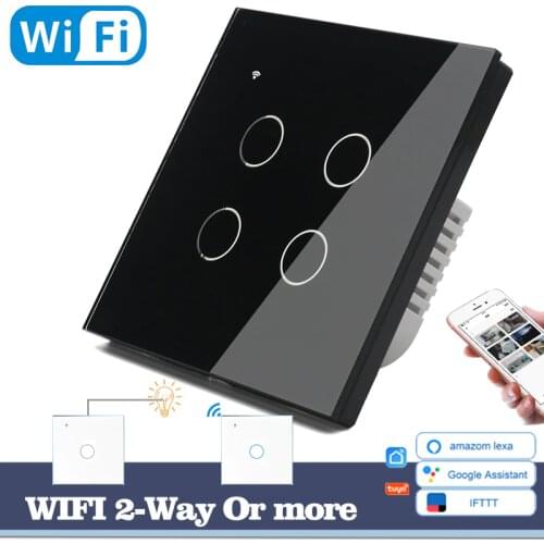 WIFI Touch Light Wall Switch Black Glass Blue LED Universal Smart Home Phone Control 4 Gang 2 Way Round relay Alexa Google Home