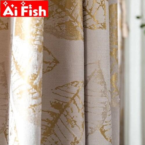 Blue Blackout Curtains with Shiny Gold leaves Window Curtains For Living Room Beige Printed Curtains for Bedroom Drapes ZH208#3