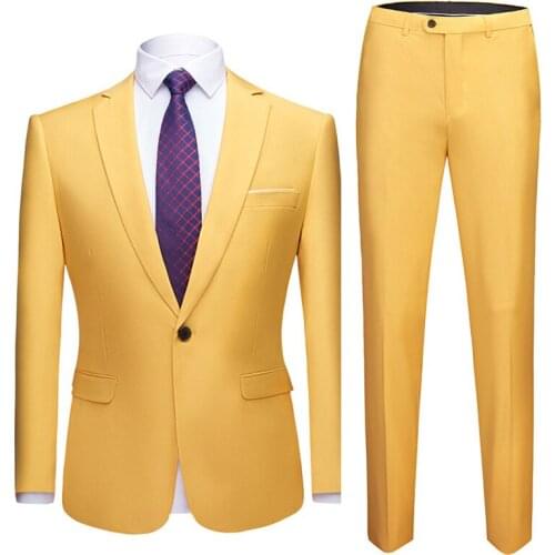 Yellow Slim Fit Single Button Suit Men Party Wedding Prom Mens Suits Formal Business Casual 2 Pieces Suit (Jacket+Pants) for Men