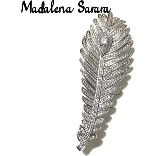 MADALENA SARARA AAA Zirconia Feather Brooch Luxury Style Fine Brooch Pin For Women Jewelry