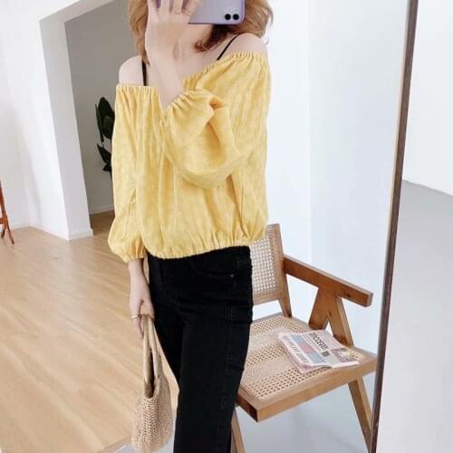 Spring and summer ladies printed shirts fashion off-the-shoulder tops casual loose yellow blouse