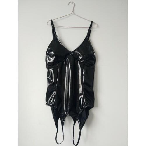 Womens Lingerie Body stocking Female Open Crotch Wetlook Costumes Patent pvc faux Leather Straps Crotchless Clubwear Bodysuit