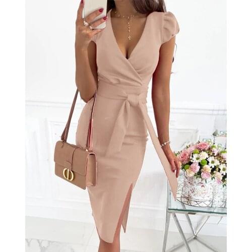 Women Robe Femme Summer Solid Color Pencil Dresses Bandage High Split V-Neck Short Sleeve Slim Hips Y2K Dress For Woman Vestido