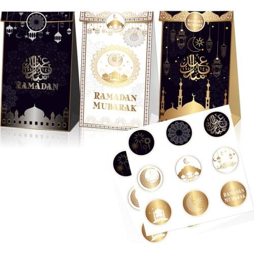 Amawill 12Pcs/set Eid Mubarak Andy Box Favor Gift Box Label Paper Bag Seal Sticker Ramadan Decoration Islamic Muslim Supplies
