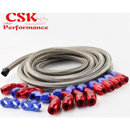 AN10 Stainless Steel /Nylon Braided Oil Line / Hose +Fitting Hose End Adaptor Kit Black/Silver