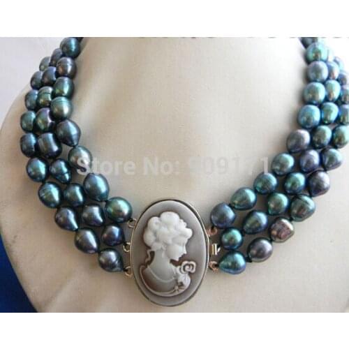 Free Shipping>>>>3Strands 18'' 10MMX13MM Black Rice Freshwater Pearl Necklace