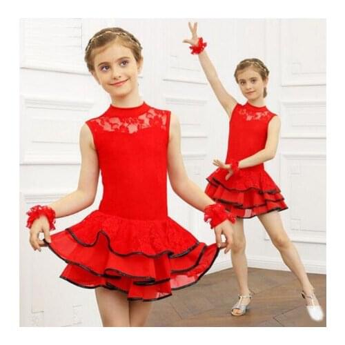 Lace Sequin Kids Newest Sexy Ballroom Dresses Tango Salsa Latin Dance Dress Children Red Black Lace Dress For Girls Long Sleeve