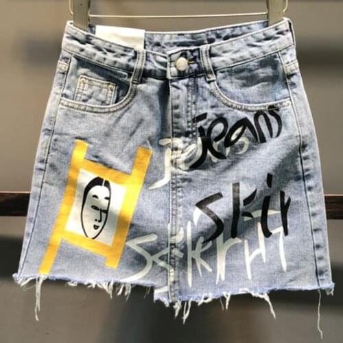 Tassel denim skirt 2020 new summer fashion women printed light blue mini jeans skirt