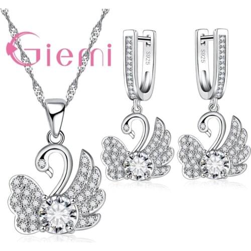 925 Sterling Silver Elegant Trendy White Swan Wedding Jewelry Sets Beautiful Pendant Necklace & Hoop Earrings For Women Bridals