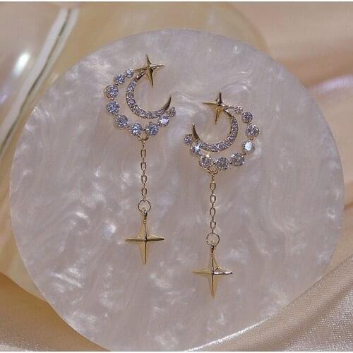Exquisite Gold Plated Geometric Sparkling Zircon Moon Drop Earrings for Women Handmade Earring Korean Fashion Party Jewelry