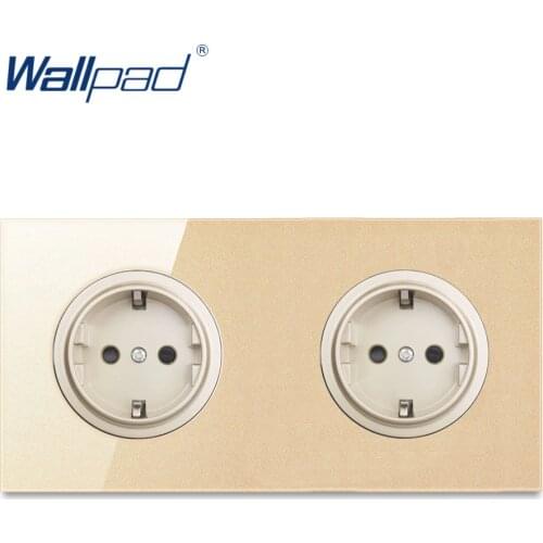 Wallpad Dual 16A EU Standard Wall Power Socket Outlet Gold Crystal Glass Panel Grounded With Child Protective Lock
