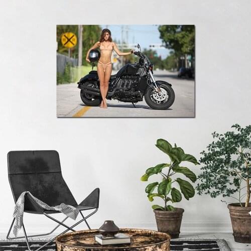 Lingerie Girl and Motorcycle Photo Decorative Posters and Prints Canvas Painting Wall Art Picture For Living Room Decor