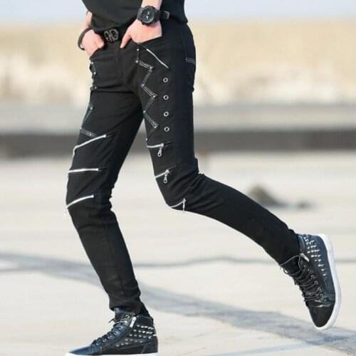 Mens 2020 Summer New Black Nightclub Trousers Male Punk Zippers Skinny Pants Korean Slim Fit Casual Rock Pantalon Homme Black