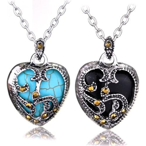 New Statement Necklace 2 Color Plated Marcasite Blue Black Stone Heart Pendant Necklace Metal Chain Necklaces Jewelry