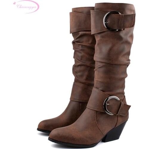 Street riding boots round head knee-high boots fashion buckle pleated brown yellow black high heels chunky womens shoes