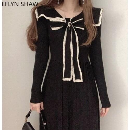 Vintage Long Sleeve Dress Autumn Spring Women Navy Collar Bow Knot Pit Strip Lace Pleated Knitted Dress Korean Fashion Tea Dress