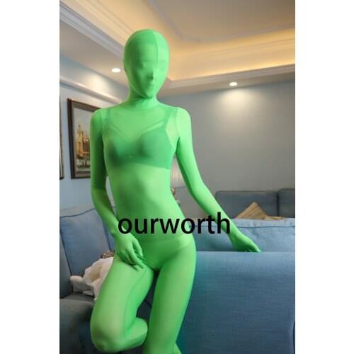 Green Spandex/spandex fullbody Zentai Suit Sexy Tight translucent Lycra bodysuit Custom made