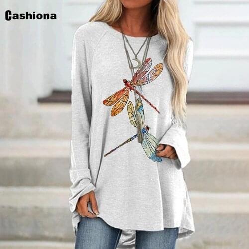 Plus size 3xl Women Elegant Leisure Casual Long T shirt Dragonfly Print Womens Top Vintage 2020 Spring Autumn Loose Shirt Femme