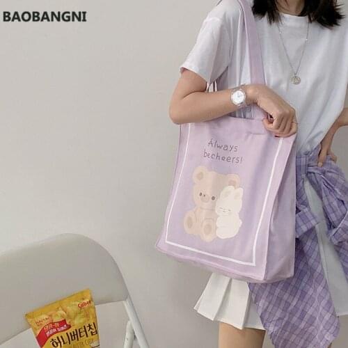 Women Canvas Shoulder Bag Cute Bear Bunny Print Handbag Casual Tote Students Books Bags Cotton Cloth Shopping Bag For Girls