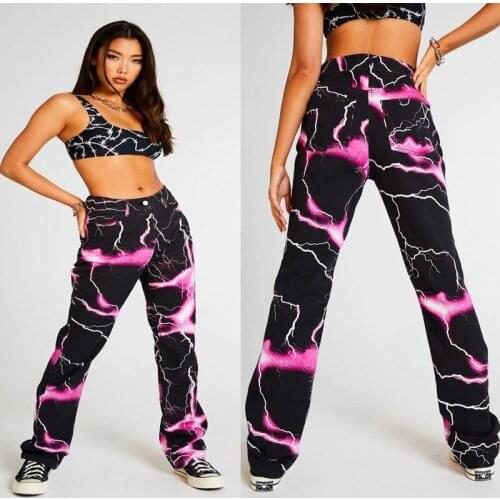 Women Fashion Lightning Print Jeans Adults Color Block Trousers With Pocket Pink Purple Unique Design High Waist Pants Jeans