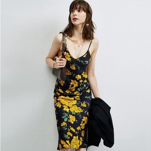100% Silk Dress Women Simple Design Printed Adjustable Spaghetti Strap Sleeveless Long Beach Dress Elegant Style New Fashion