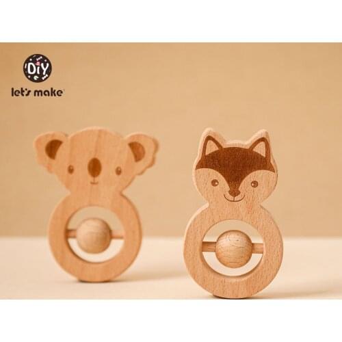 Lets Make 1Pcs Baby Montessori Toy Animal Rattle Cute Koala Fox Beech Wooden Ring Bed Bell Child Play Gym Wooden Teething Toys