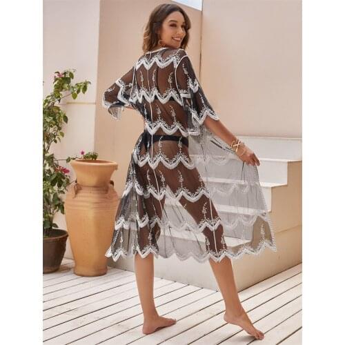 2021 Boho Sexy Mesh Lace Bathing Suit Cover-ups Beach Wear Kimono Long Dress For Women Cardigan Summer Bikini Swimsuit Cover Up