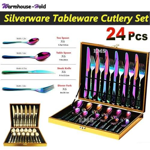 24PCS Silverware Cutlery Set Boxed Steel Mirror Polishing Sets Fork Knife Spoon Family Party Travel Tea Cafe Dinnerware Gift Box