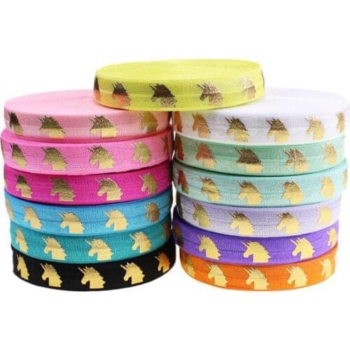 5/8" 16mm 10 yards/lot gold foil unicorn Print Fold Over Elastic FOE for Ponytail Holder Bracelet free shipping