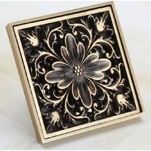 Antique Brass Flower Art Floor Drain Bathroom Shower Floor Drain Strainer Whr015