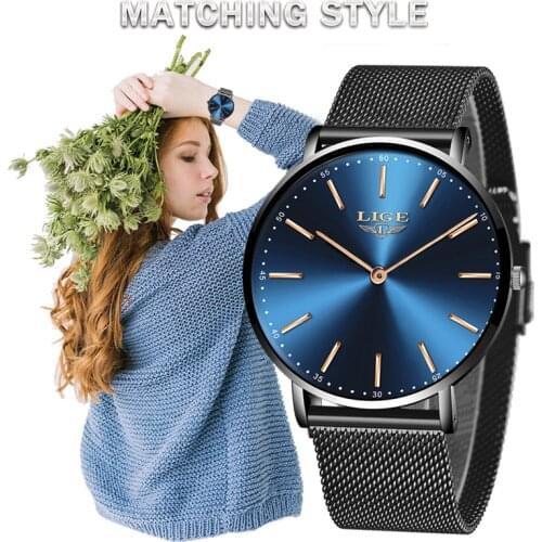 LIGE Super Slim Black Blue Mesh Stainless Steel Watches Women Top Brand Luxury Casual Clock Ladies Wrist Watch Lady Reloj Mujer