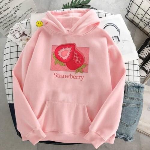 Harajuku Kawaii Hoodies Women Sweatshirt Japanese Cute Cartoon Strawberry Print Graphic Pink Long sleeve Hoodie warm Pullover