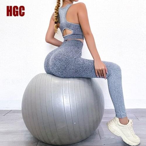 HGC Yoga Set Women Ombre Two Piece High Waist Pants Exercise Bra Gradient Sport Suit Fitness Workout Gym Sexy Hollow Sportwear