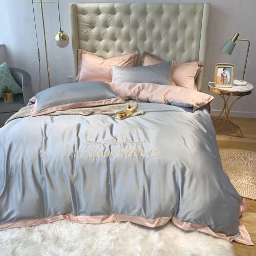 Luxury Silver Gray Pink Splicing Embroidery Imitate Silk Soft Bedding Set Duvet Cover Flat/Fitted Sheet Pillowcases Home Textile