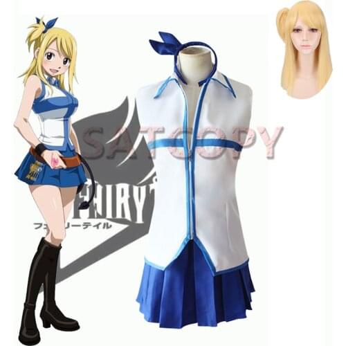 Anime FAIRY TAIL Cosplay Costumes Lucy Costume Wig Top Skirt Full Set Women Uniforms Halloween Girls