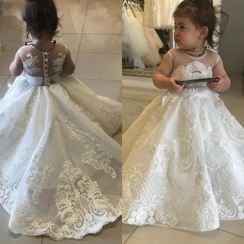 Lovely Flower Girl Dresses for Weddings Jewel Neck Lace Buttons Back Children Birthday Party Pageant Gowns