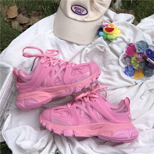 Lovely Pink Chunky Sneakers Women 2021 Thick Sole Girls Sport Shoes Bright Green Fashion Casual Dad Shoes Female Footwear