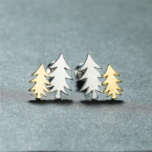 Simple Female Plant Small Earrings Cute Double Tree Stud Earrings For Women Minimalist Gold Color Color Wedding Earrings