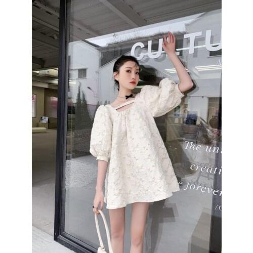 Kawaii Dress Women 2021 Summer New Jacquard Backless Puff Sleeve Loose Doll Small Princess Dress