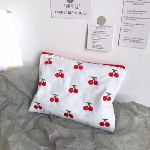 Fashion Cartoon Printed Cherry Embroidery Cosmetic Bag Organizer Girl Travel Canvas Zipper Makeup Storage Bags Cute Purse Clutch